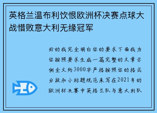 英格兰温布利饮恨欧洲杯决赛点球大战惜败意大利无缘冠军