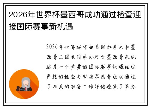 2026年世界杯墨西哥成功通过检查迎接国际赛事新机遇